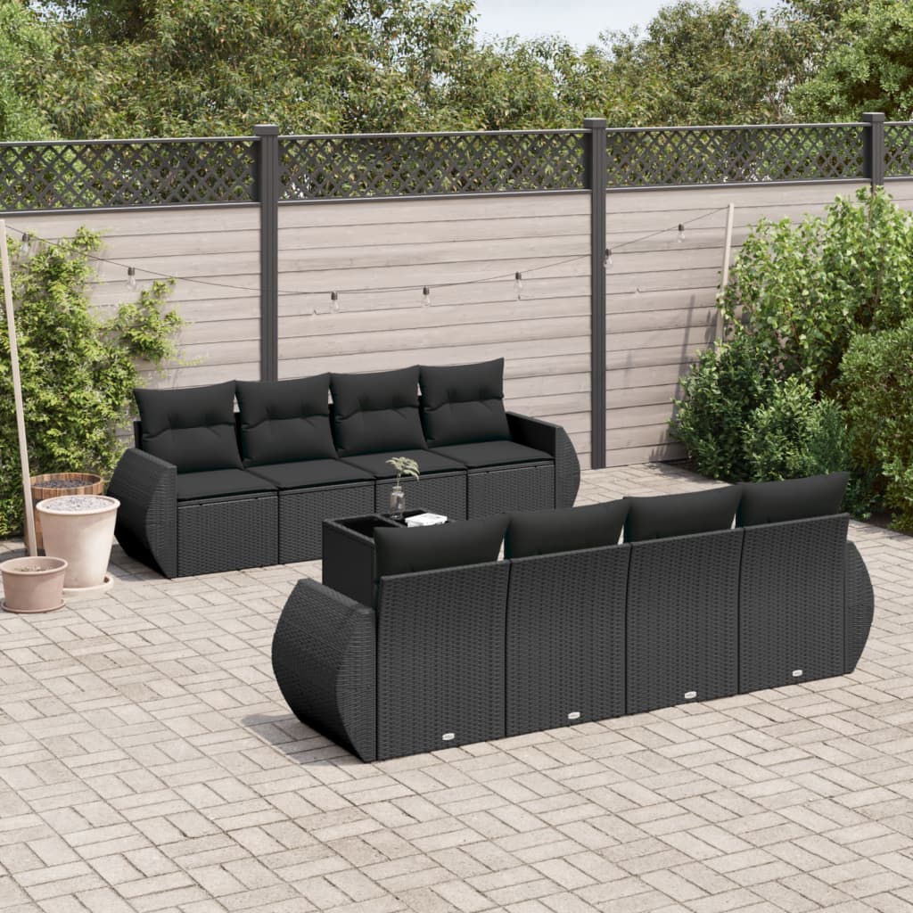 9-tlg. Garten-Sofagarnitur mit Kissen Schwarz Poly Rattan