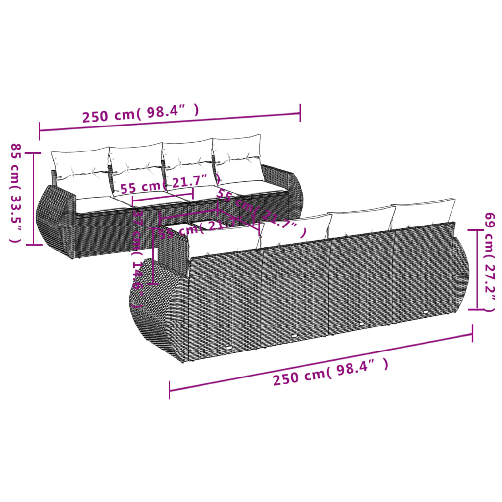 Set canapele de grădină, 9 piese, cu perne, gri, poliratan 3253487 - imagine 3
