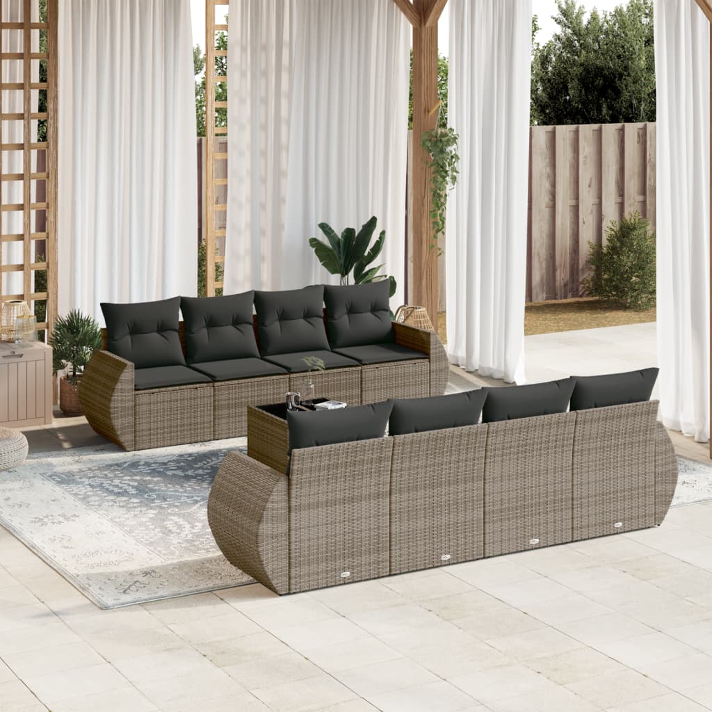 Sofasæt til haven - 9 dele med hynder og opbevaring i polyrattan, grå