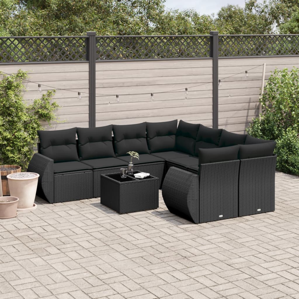 vidaXL 9-tlg. Garten-Sofagarnitur mit Kissen Schwarz Poly Rattan