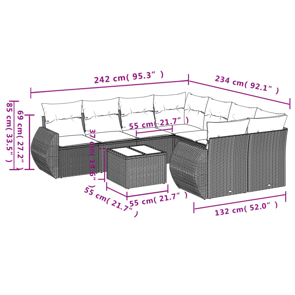 Set mobilier de grădină cu perne, 9 piese, negru, poliratan 3253493 - imagine 3