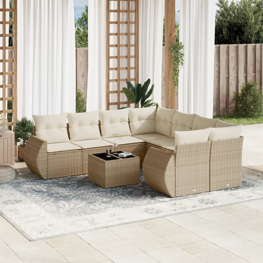 vidaXL 9-tlg. Garten-Sofagarnitur mit Kissen Beige Poly Rattan