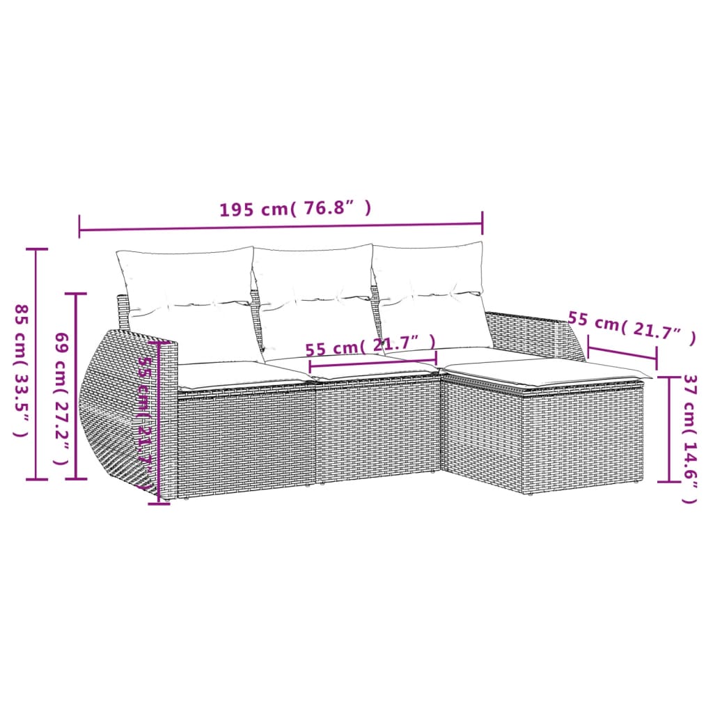 vidaXL 4-delige Loungeset met kussens poly rattan bruin