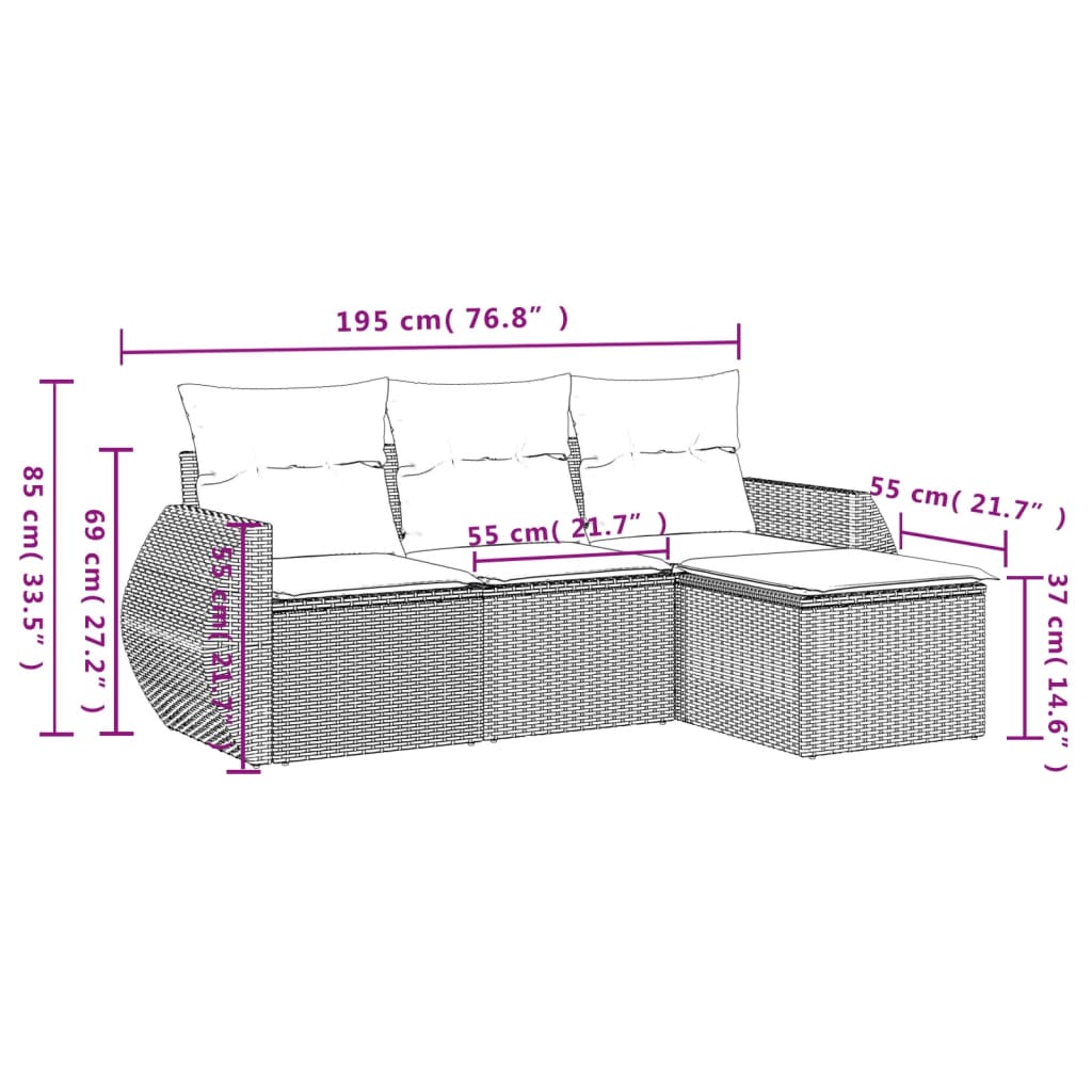 vidaXL 4-delige Loungeset met kussens poly rattan bruin afbeelding