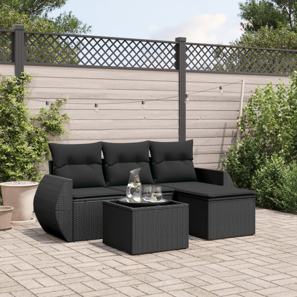 5-tlg. Garten-Sofagarnitur mit Kissen Schwarz Poly Rattan