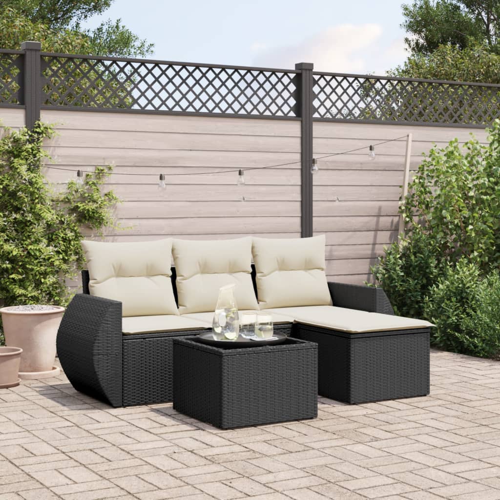 5-tlg. Garten-Sofagarnitur mit Kissen Schwarz Poly Rattan