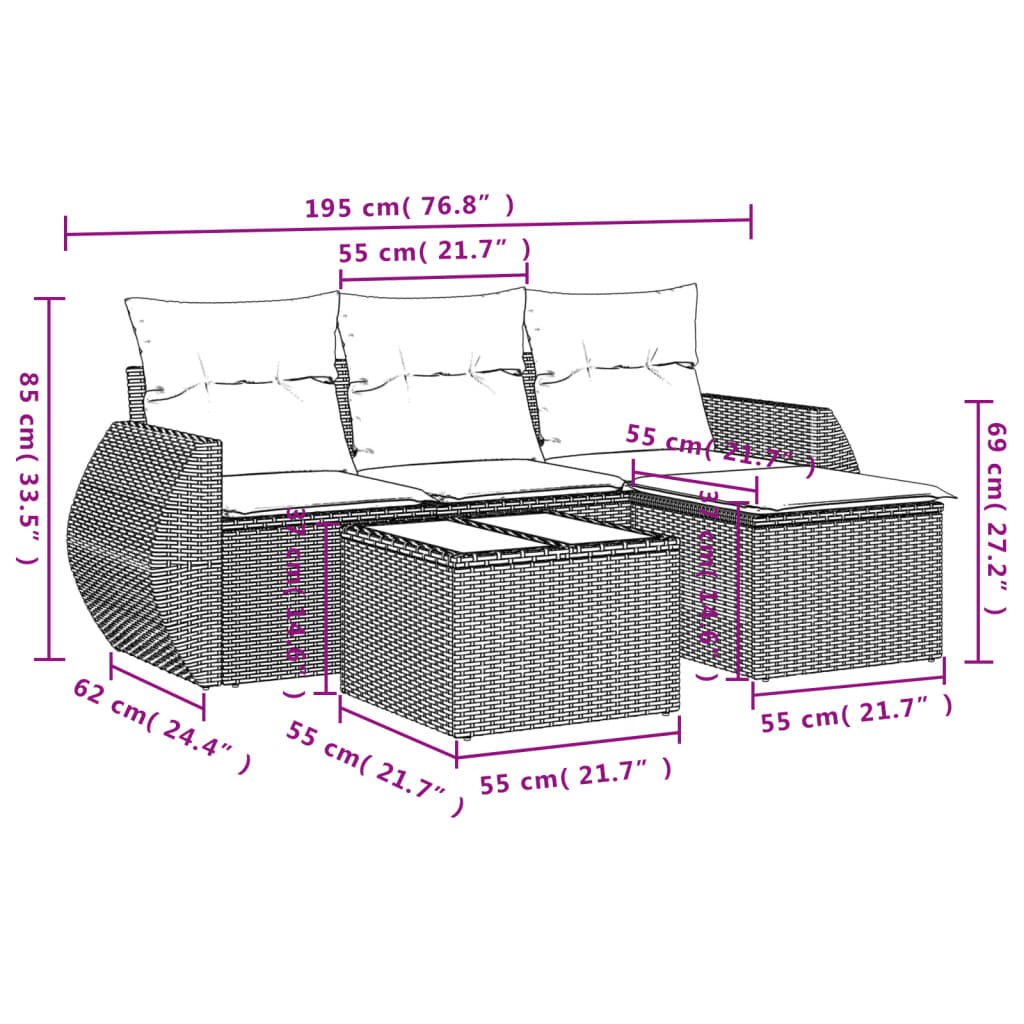 vidaXL 5-delige Loungeset met kussens poly rattan beige afbeelding
