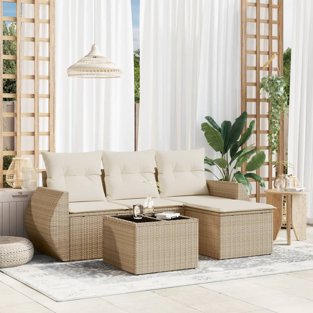 5-tlg. Garten-Sofagarnitur mit Kissen Beige Poly Rattan