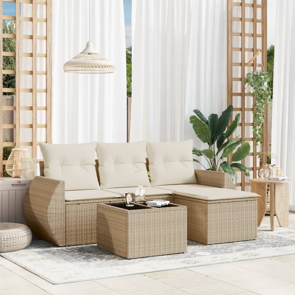 Sofasæt Til Haven 5 Dele Med Hynder Polyrattan - beige og cremefarvet / Med bord
