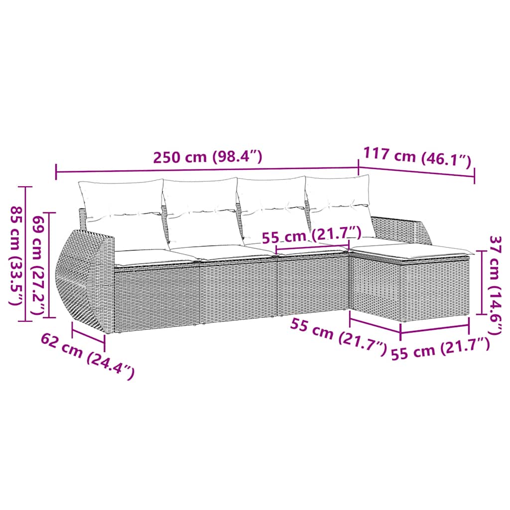 Set mobilier de grădină cu perne, 5 piese, negru, poliratan 3253623 - imagine 3