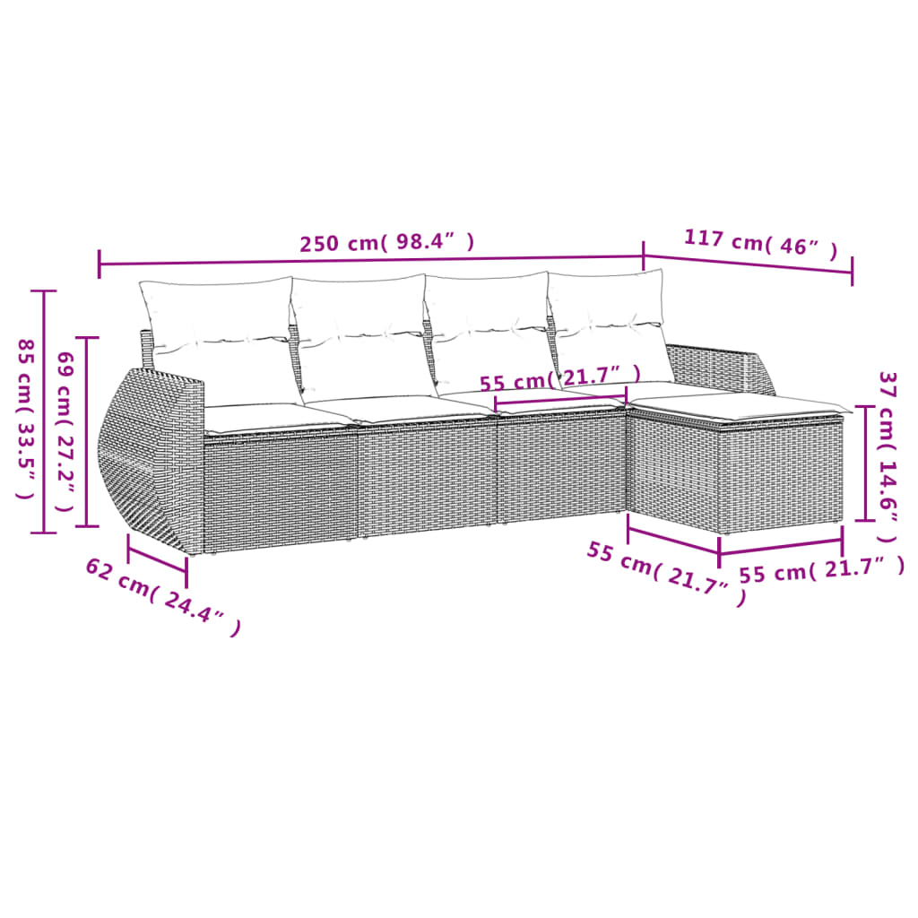 vidaXL 5-delige Loungeset met kussens poly rattan beige afbeelding