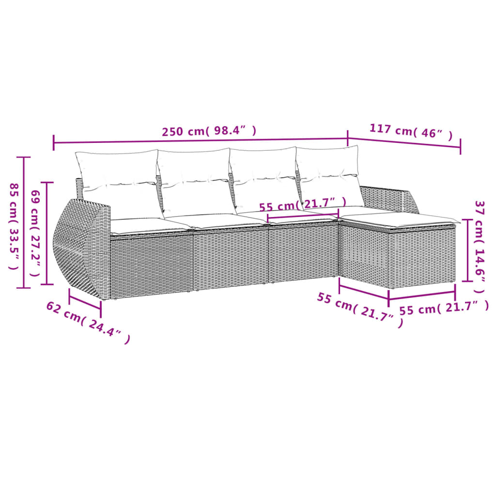 vidaXL 5-delige Loungeset met kussens poly rattan bruin