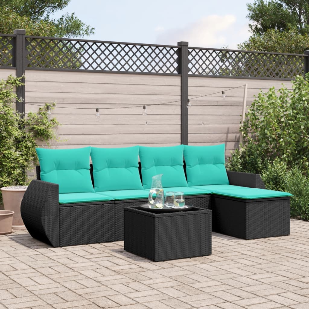 6 Piece Patio Sofa Set with Cushions Black Poly Rattan