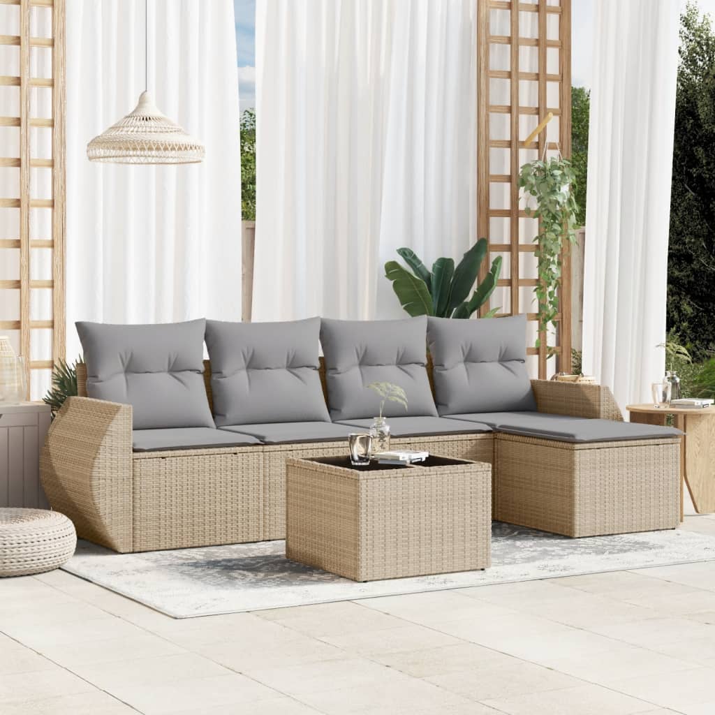 vidaXL 6-tlg. Garten-Sofagarnitur mit Kissen Beige Poly Rattan