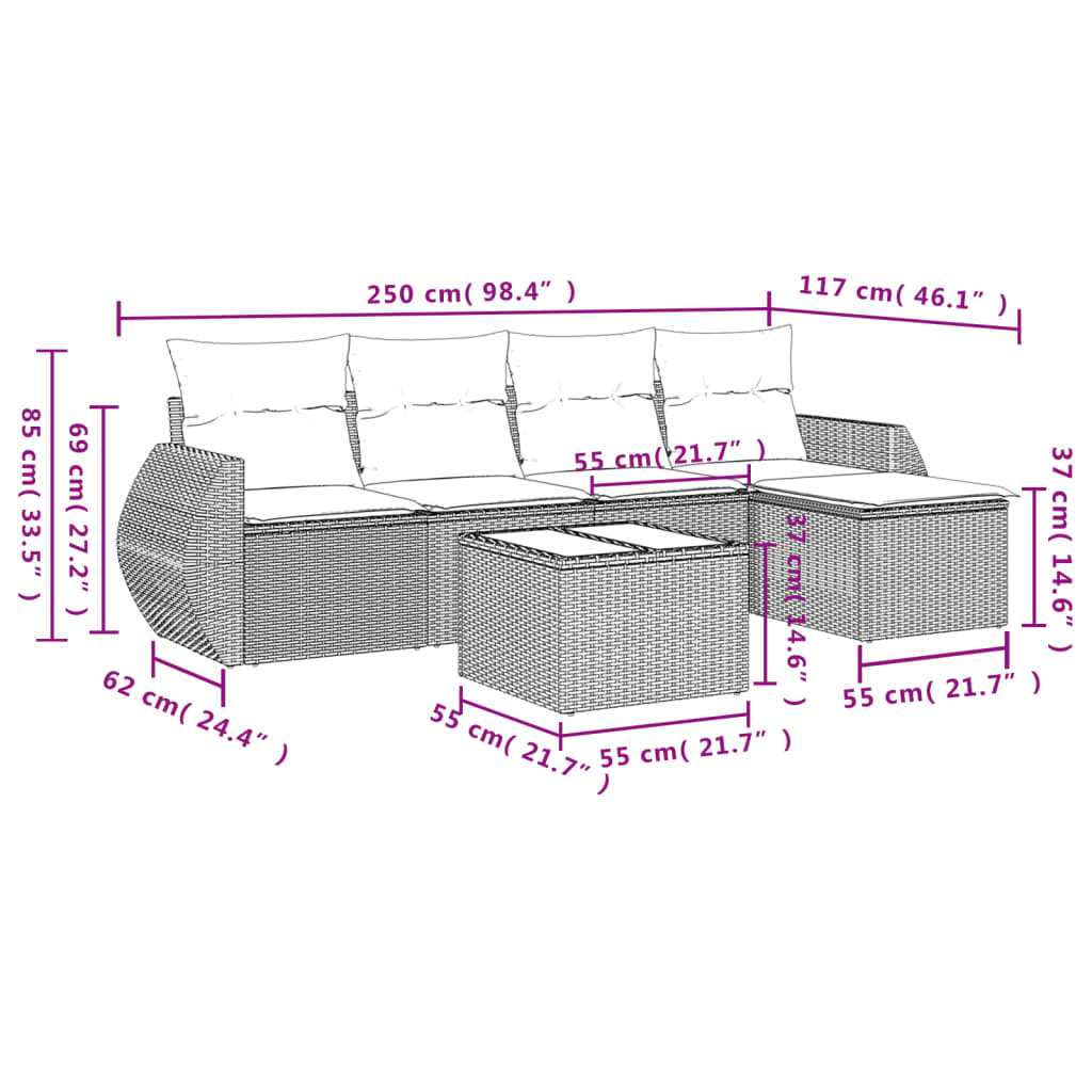 Set mobilier grădină cu perne, 6 piese, gri, poliratan 3253637 - imagine 3