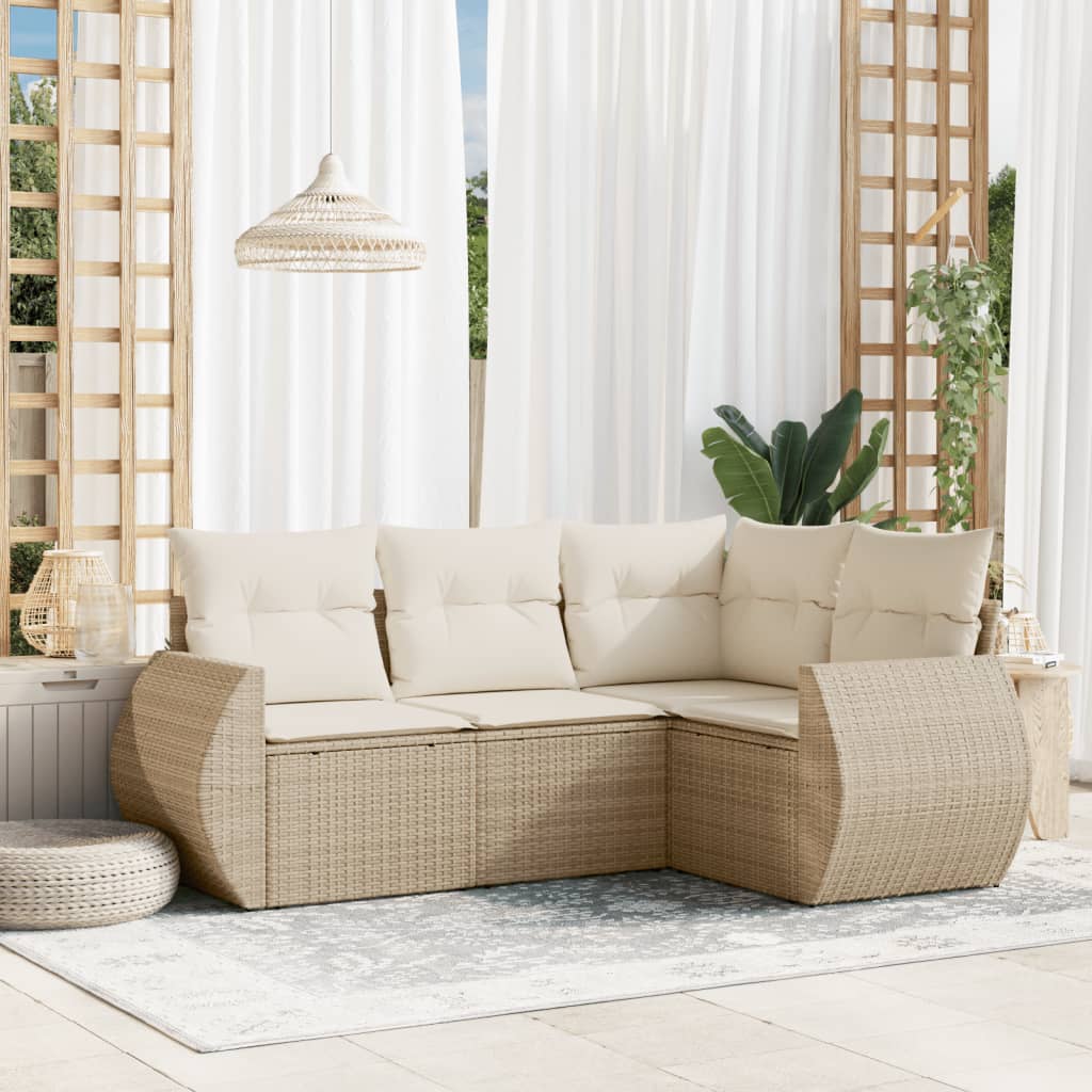 vidaXL 4-tlg. Garten-Sofagarnitur mit Kissen Beige Poly Rattan