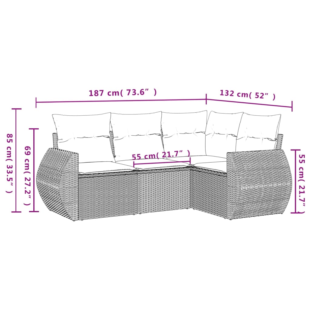 vidaXL 4-delige Loungeset met kussens poly rattan bruin