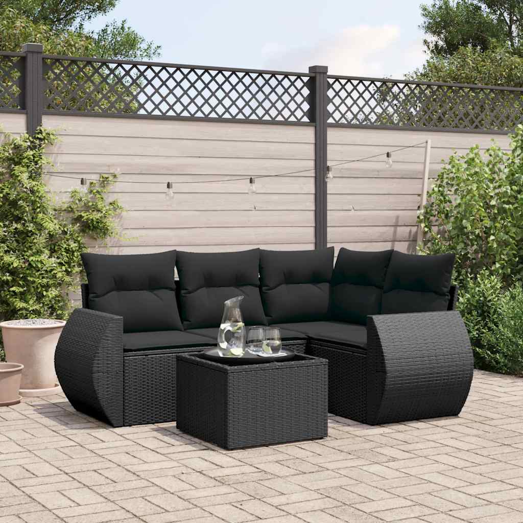 vidaXL 5-tlg. Garten-Sofagarnitur mit Kissen Schwarz Poly Rattan