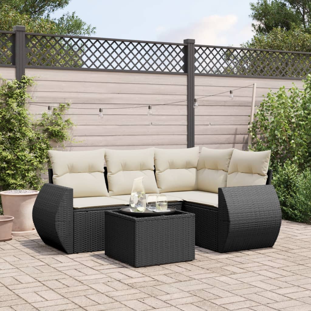 5-tlg. Garten-Sofagarnitur mit Kissen Schwarz Poly Rattan