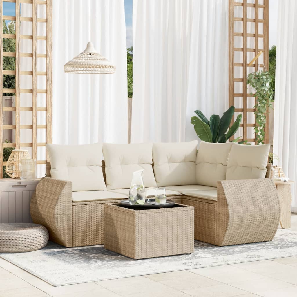 vidaXL 5-tlg. Garten-Sofagarnitur mit Kissen Beige Poly Rattan