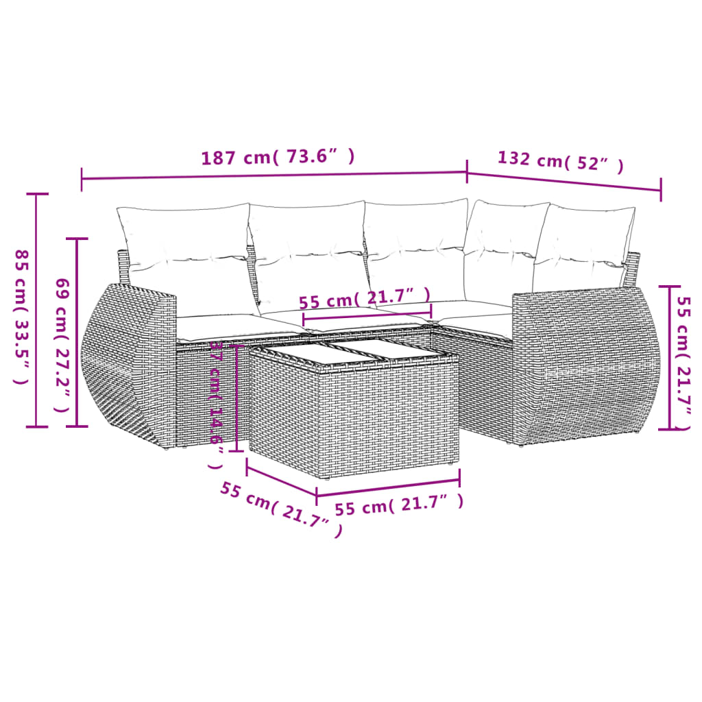 vidaXL 5-delige Loungeset met kussens poly rattan grijs afbeelding