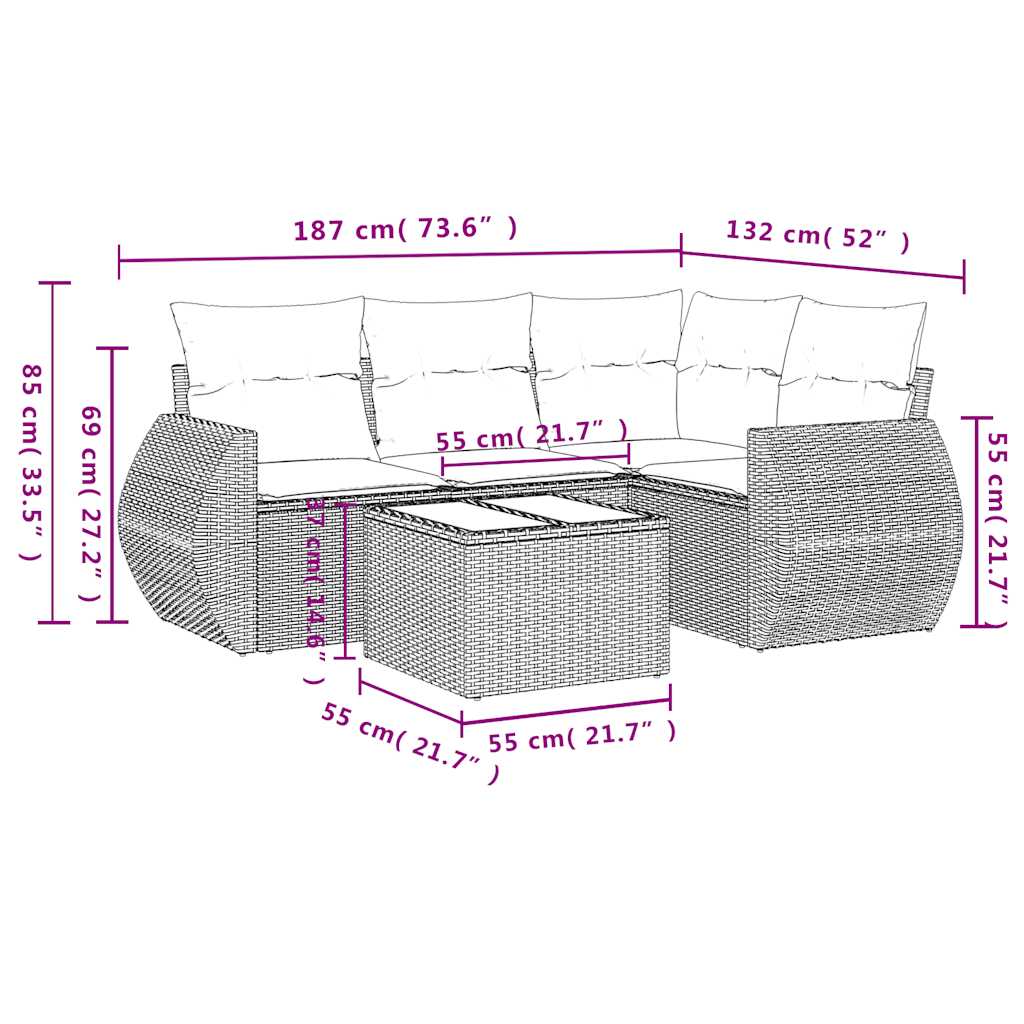 vidaXL 5-delige Loungeset met kussens poly rattan lichtgrijs afbeelding
