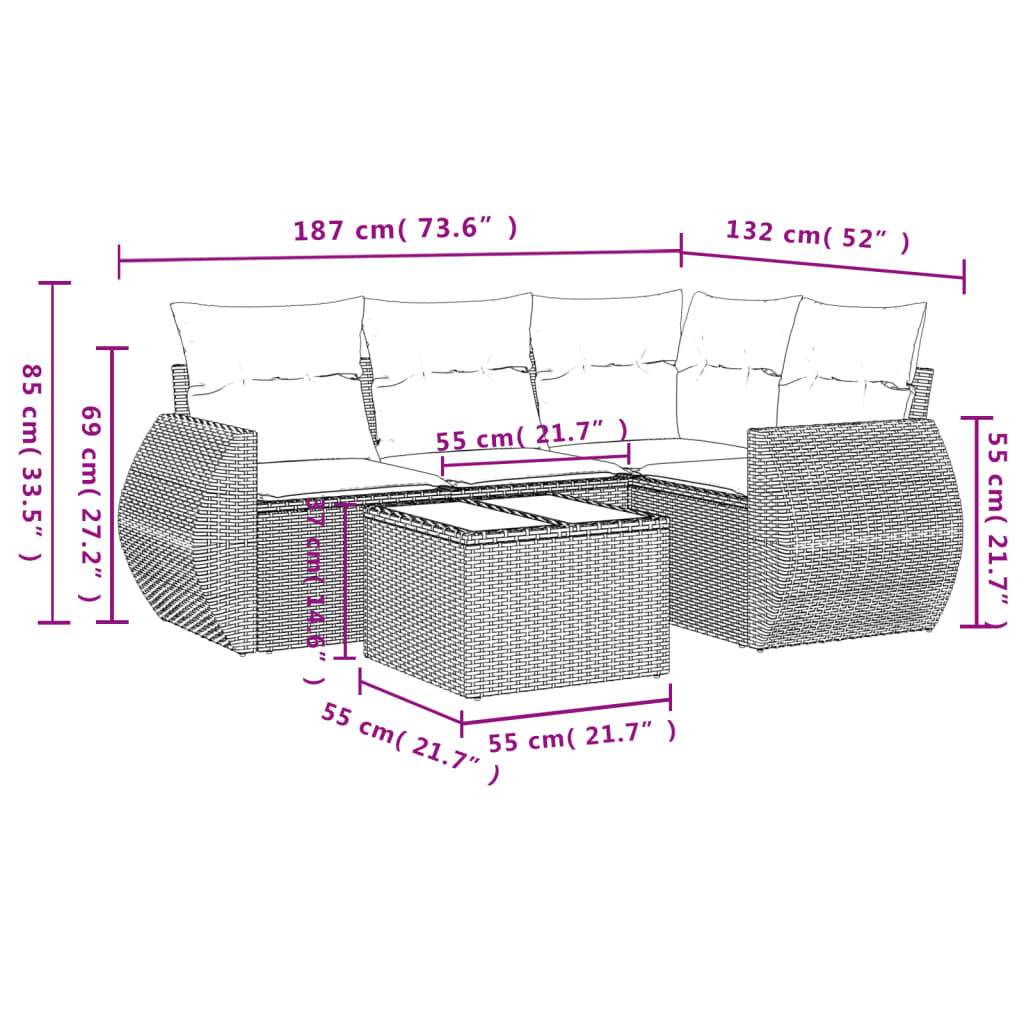 vidaXL 5-delige Loungeset met kussens poly rattan bruin