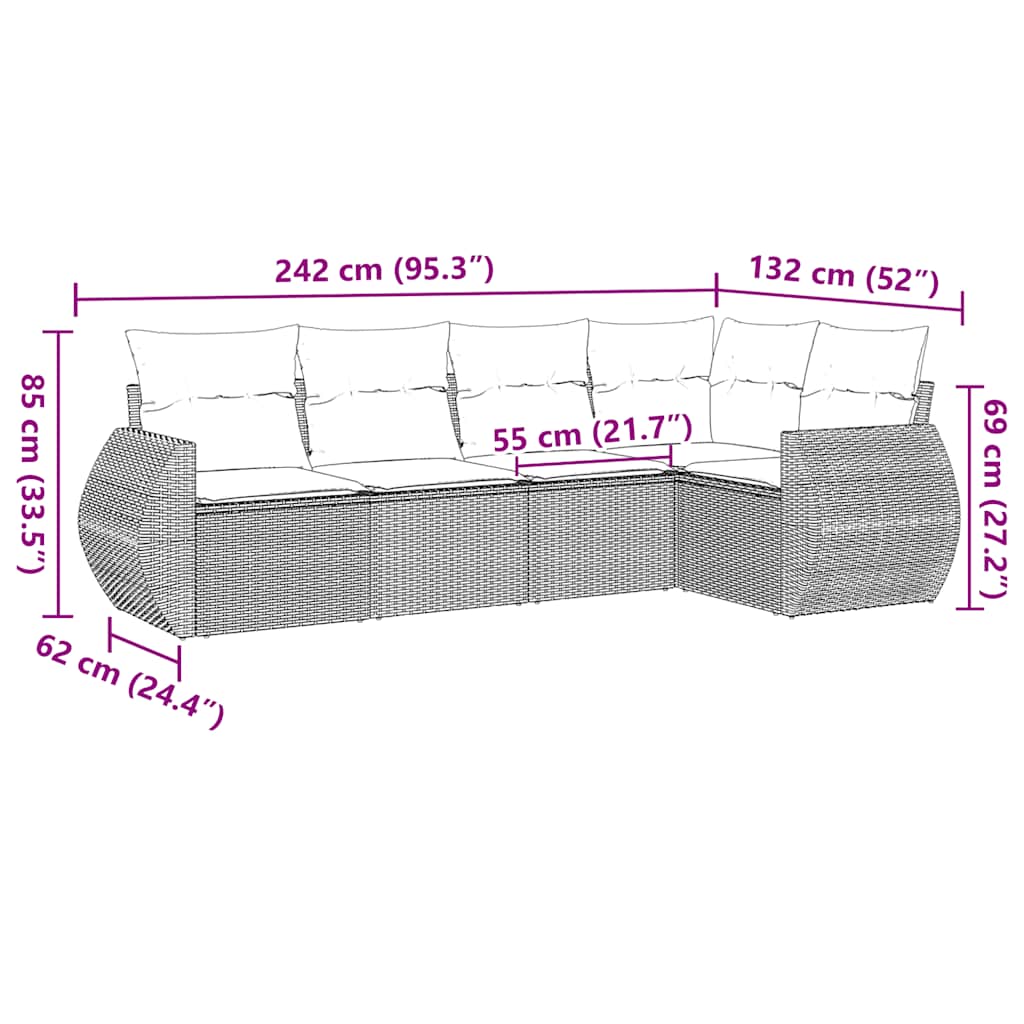 vidaXL 5-delige Loungeset met kussens poly rattan zwart afbeelding