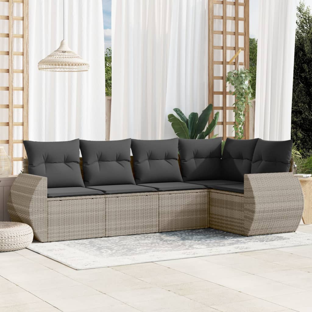 vidaXL 5-tlg. Garten-Sofagarnitur mit Kissen Hellgrau Poly Rattan