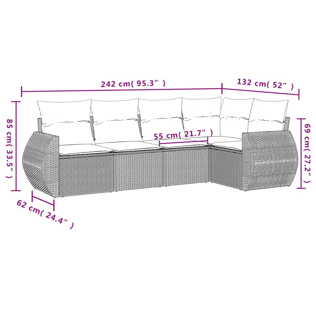 vidaXL 5-delige Loungeset met kussens poly rattan bruin