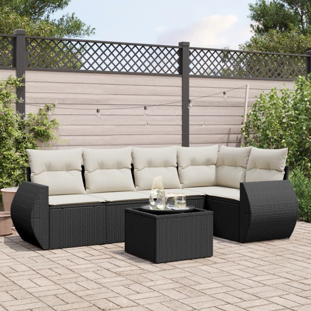 6-tlg. Garten-Sofagarnitur mit Kissen Schwarz Poly Rattan