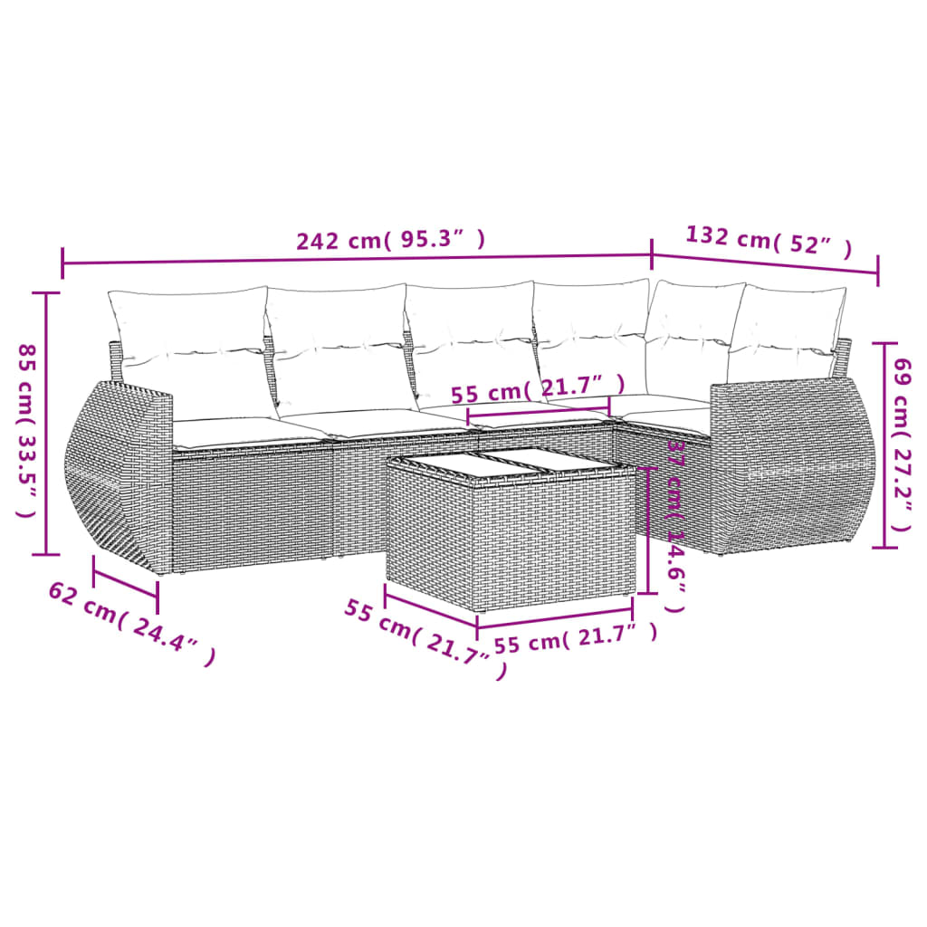 vidaXL 6-delige Loungeset met kussens poly rattan beige