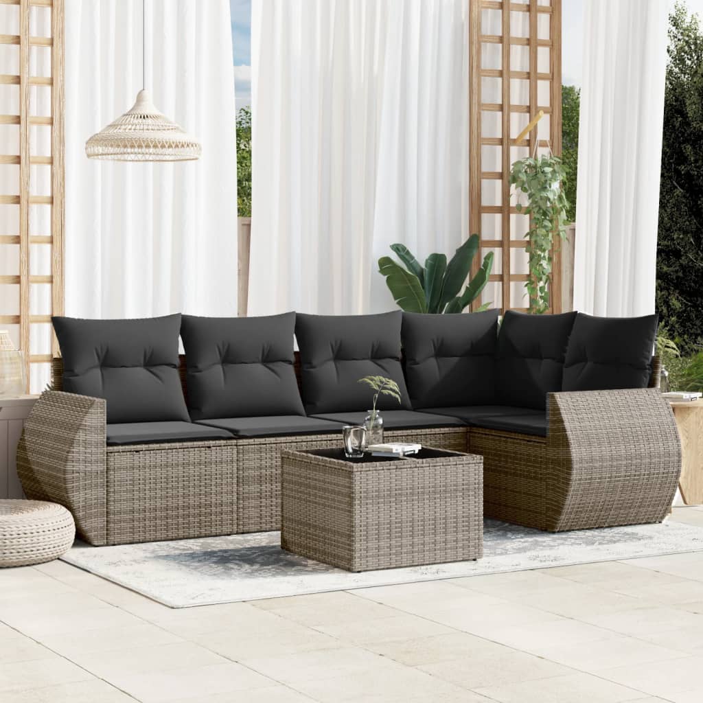 6-tlg. Garten-Sofagarnitur mit Kissen Grau Poly Rattan