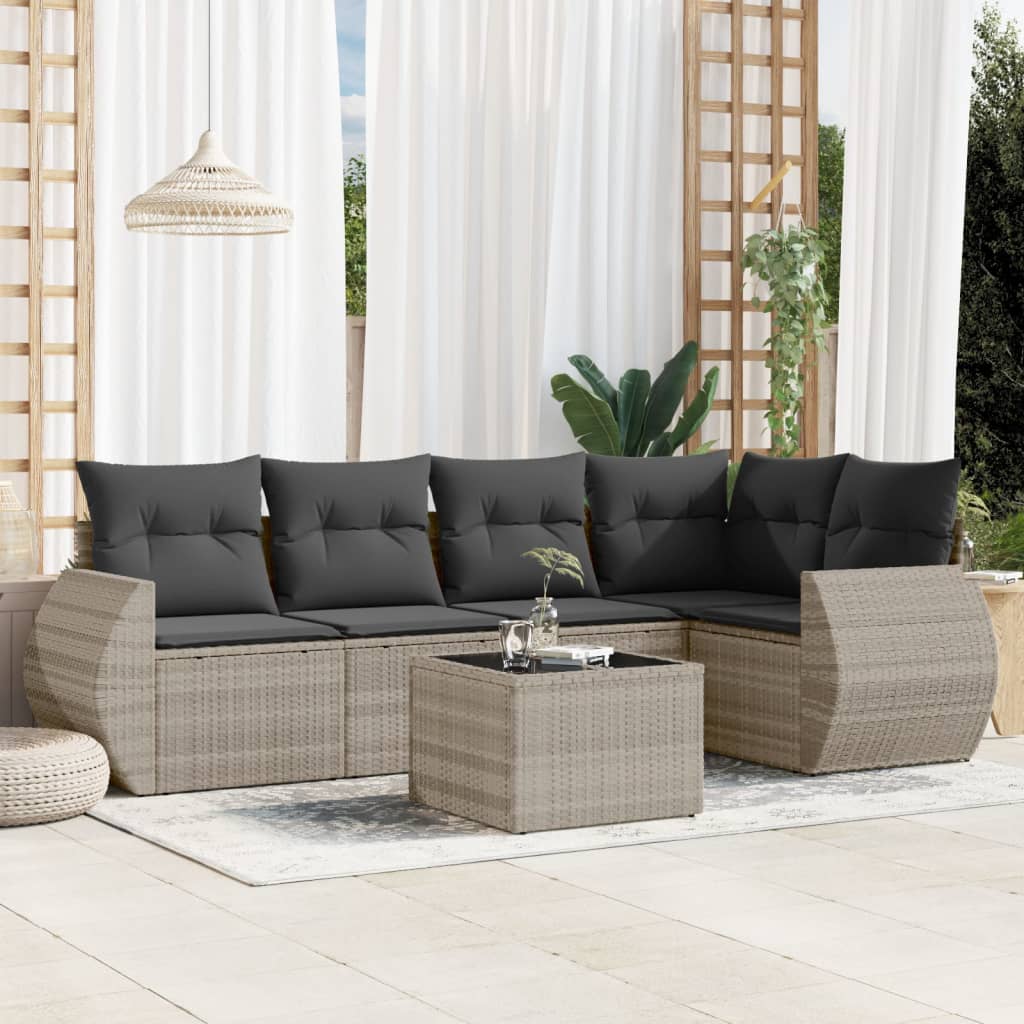 vidaXL 6-tlg. Garten-Sofagarnitur mit Kissen Hellgrau Poly Rattan