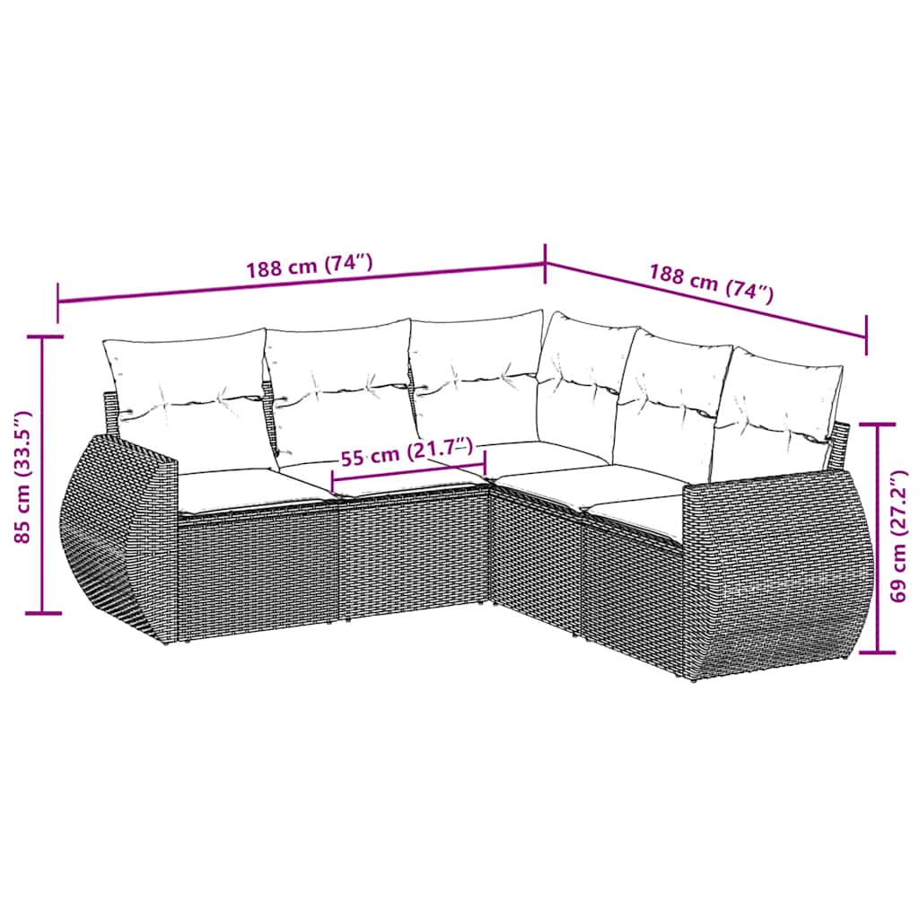 vidaXL 5 részes fekete polyrattan kerti kanapészett párnákkal