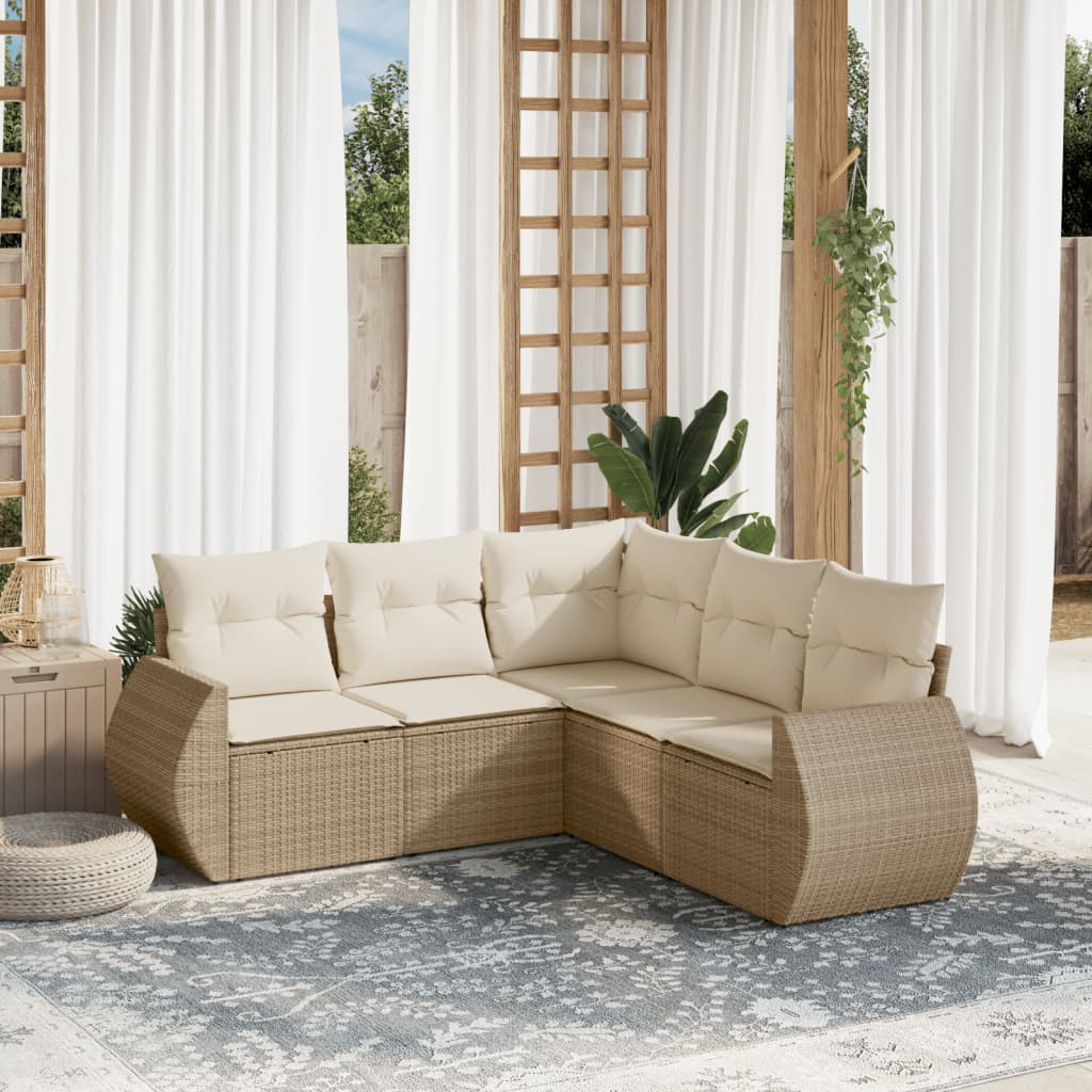 vidaXL 5-tlg. Garten-Sofagarnitur mit Kissen Beige Poly Rattan