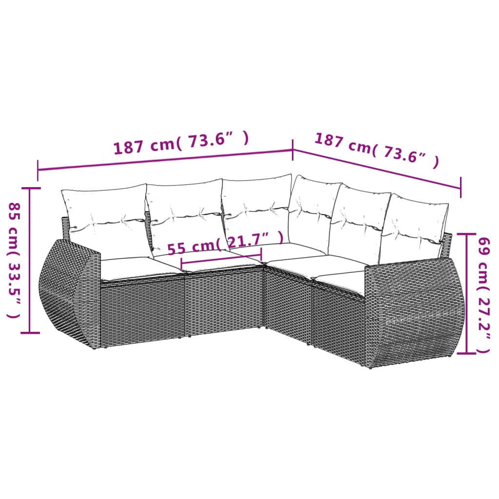 vidaXL 5-delige Loungeset met kussens poly rattan bruin