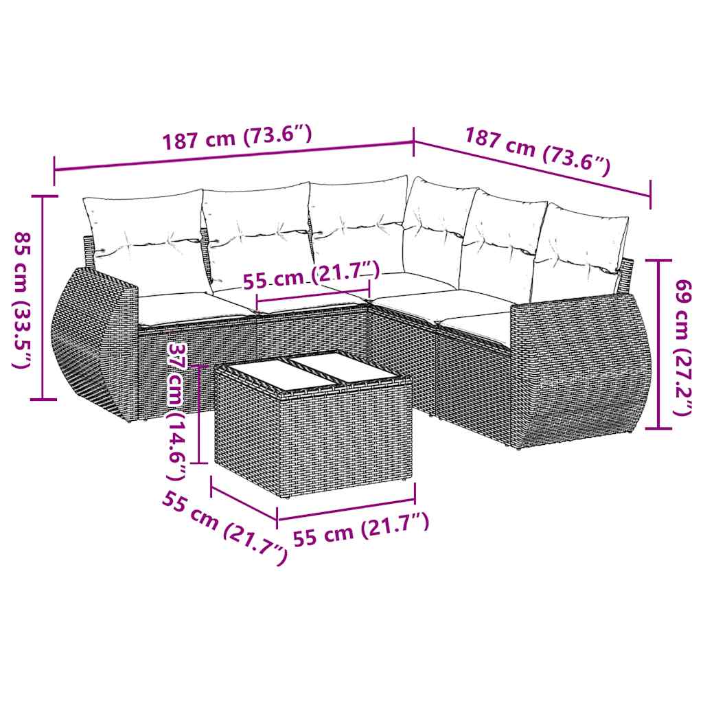 vidaXL 6-delige Loungeset met kussens poly rattan zwart afbeelding