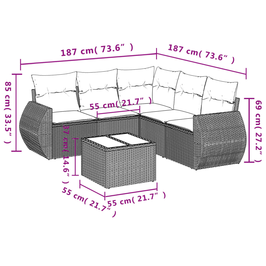 vidaXL 6-delige Loungeset met kussens poly rattan beige