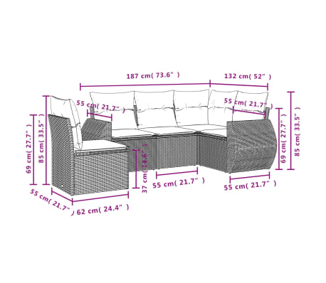 vidaXL sofasæt til haven 5 dele med hynder polyrattan beige