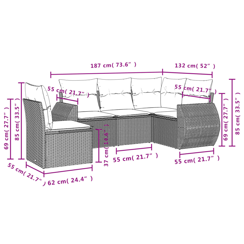 vidaXL 5-delige Loungeset met kussens poly rattan grijs afbeelding