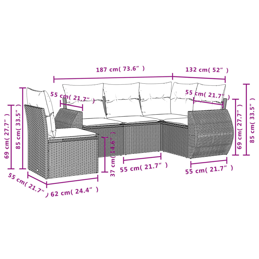 vidaXL 5-delige Loungeset met kussens poly rattan bruin