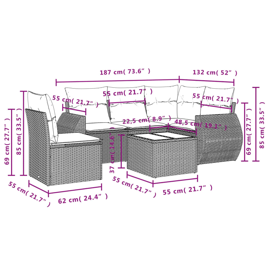 vidaXL 6-delige Loungeset met kussens poly rattan bruin