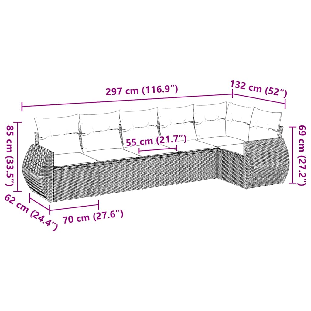 vidaXL 6-delige Loungeset met kussens poly rattan zwart afbeelding