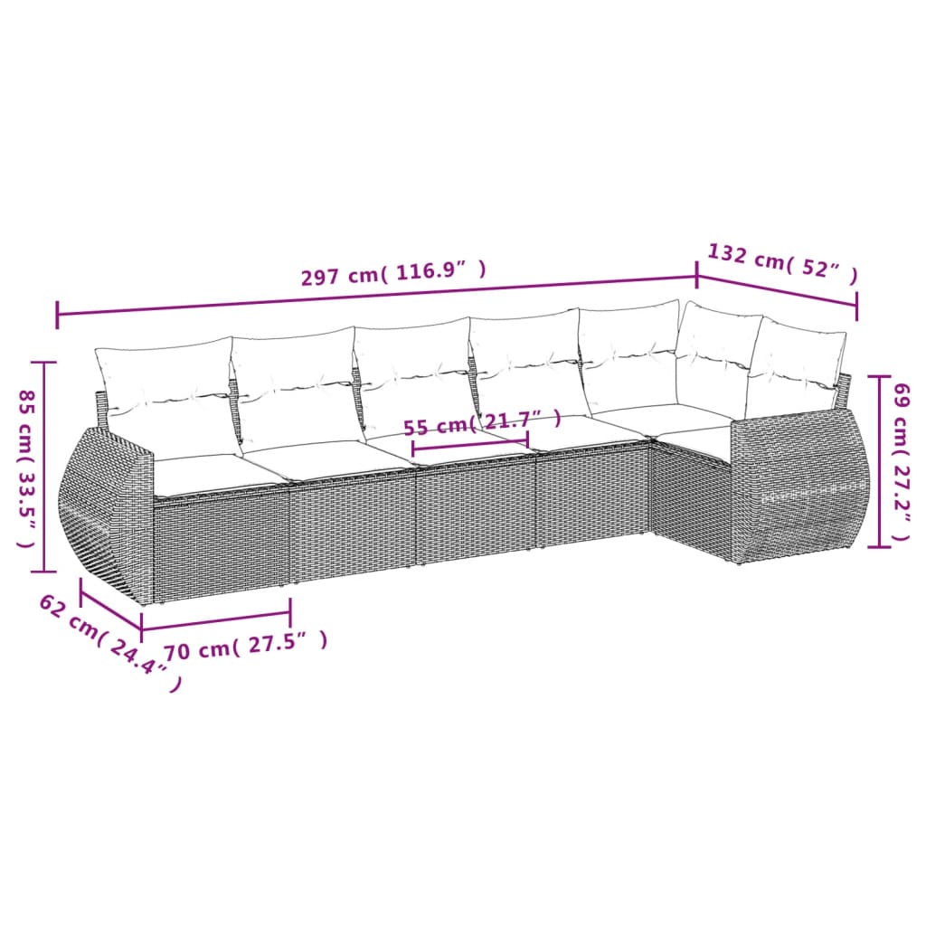 vidaXL 6-delige Loungeset met kussens poly rattan zwart afbeelding