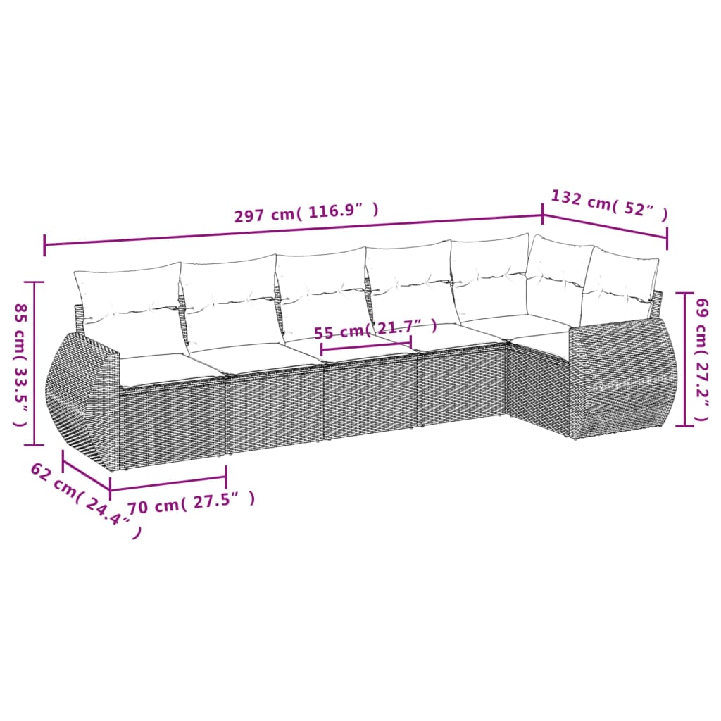 vidaXL 6-delige Loungeset met kussens poly rattan beige afbeelding
