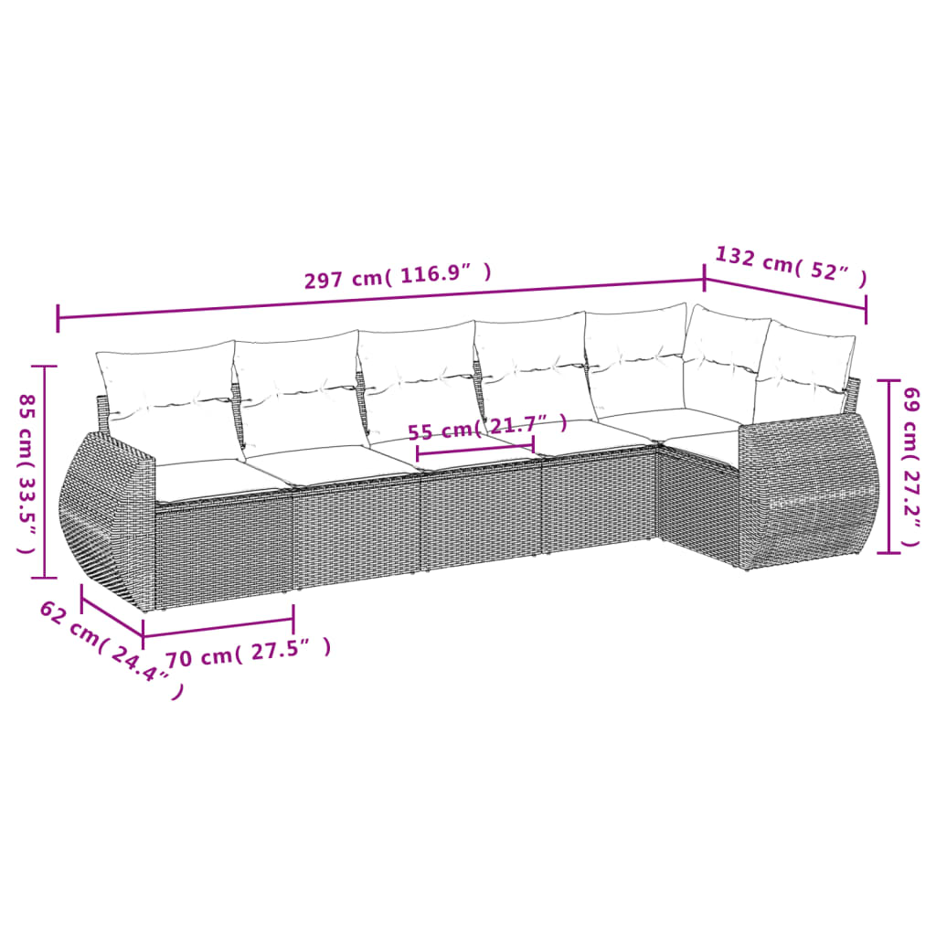vidaXL 6-delige Loungeset met kussens poly rattan lichtgrijs afbeelding