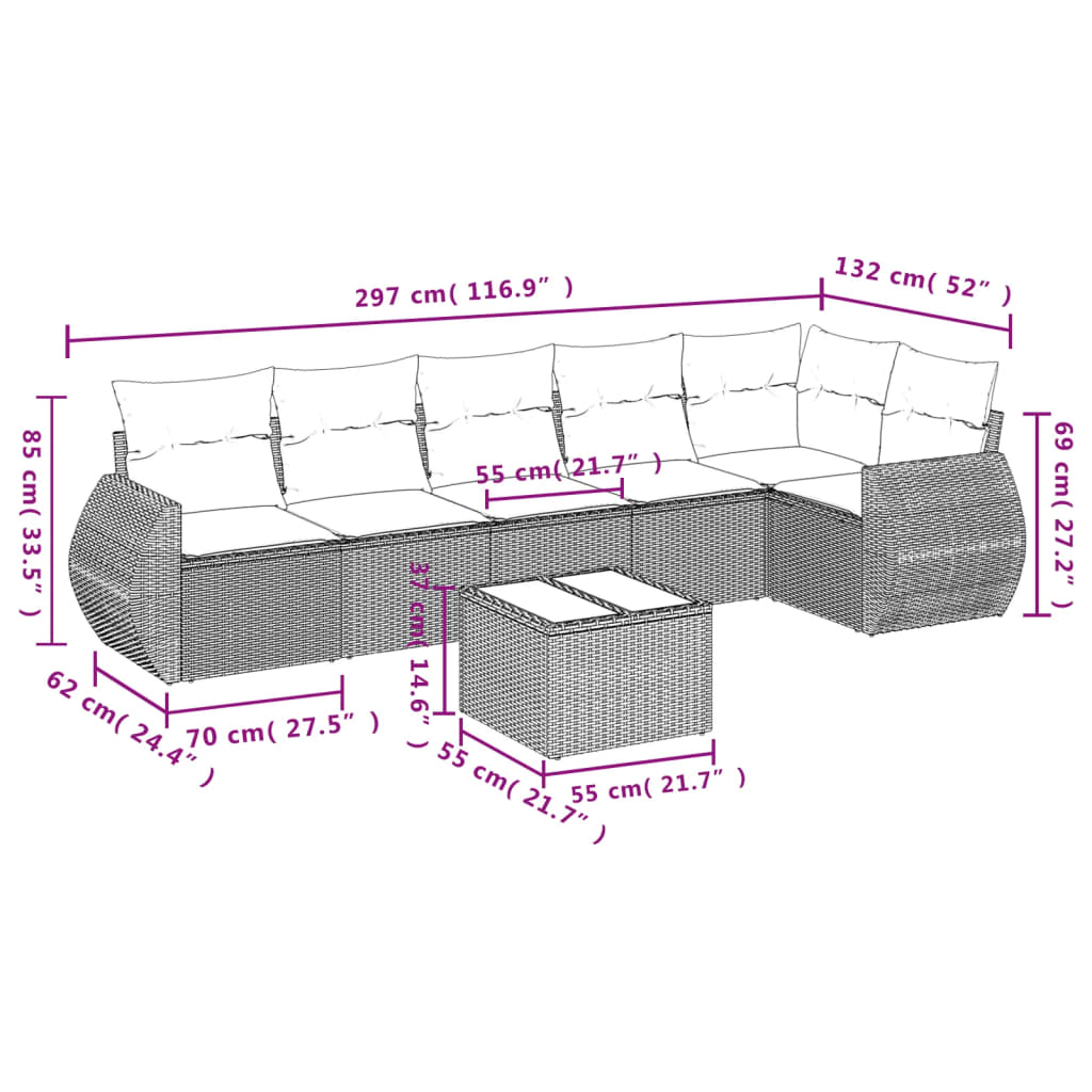 vidaXL 7-delige Loungeset met kussens poly rattan zwart afbeelding