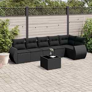 Vrtna sedežna garnitura 7-delna z blazinami črn poli ratan