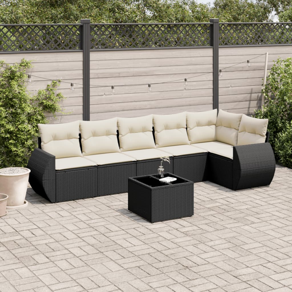 vidaXL 7-tlg. Garten-Sofagarnitur mit Kissen Schwarz Poly Rattan